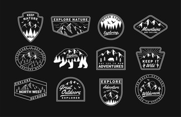 Obraz premium Outdoor Adventure badge vector set with mountain landscapes, pine trees, and motivational outdoor quotes. Perfect for apparel, stickers, branding, and nature-inspired designs.