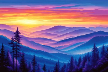Majestic Sunset Over Blue Mountain Range with Evergreen Trees