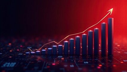 A dynamic business chart with a plummeting downtrend line and 3D bar chart in deep blues and purples, set against a fiery red background, symbolizing a bearish economy.