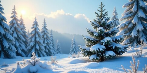 Fototapeta premium Snow-covered evergreen tree with branches stretching towards the sky, woodland scene, frosty landscape, forest floor