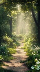 Fototapeta premium Explore the serene narrow hiking trail surrounded by lush green foliage and sunlight filtering through the trees