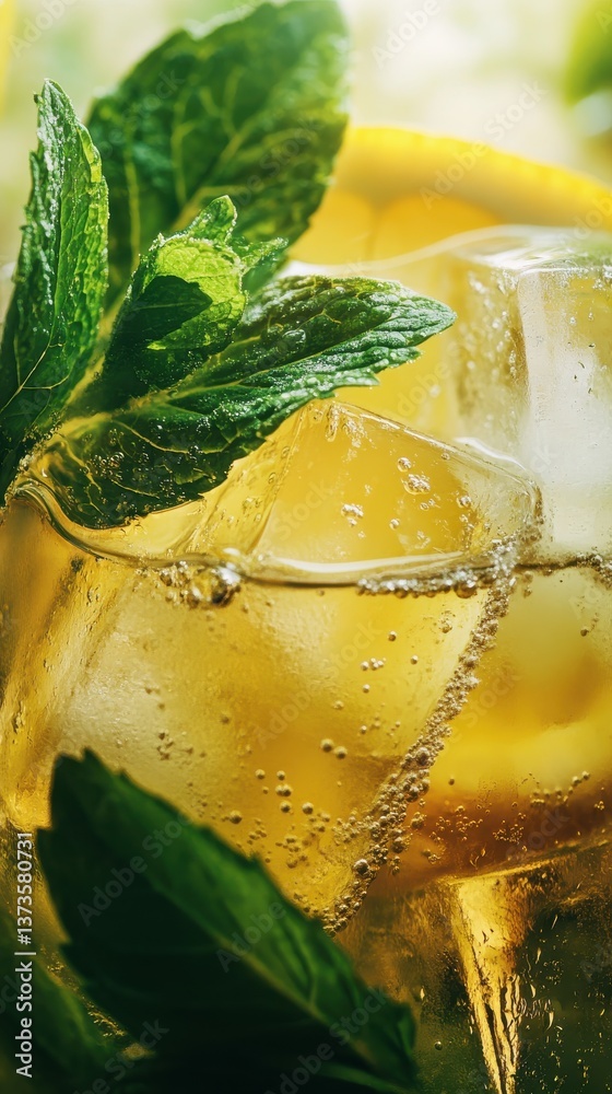 Poster refreshing close-up of a glass filled with sparkling mint lemonade on a bright summer day
