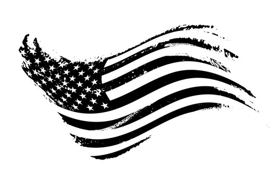 Grunge waving American flag in white-black colors isolated on transparent background. Vintage USA national symbol. Vector design element.