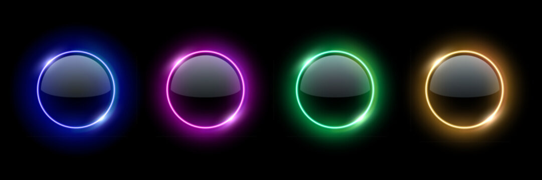 Color neon light round frames with glowing glass surface. Futuristic illuminated buttons. Abstract vector illustrations set for UI design, sci-fi elements, modern tech interfaces.