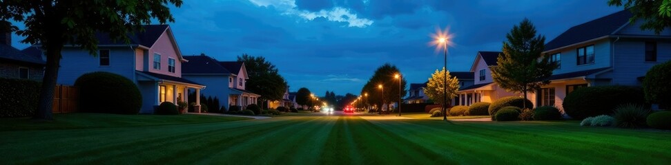 Suburban lawn with minimal streetlights and clear night sky, suburban,