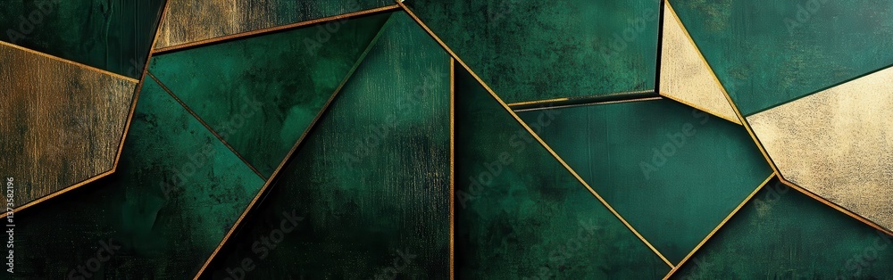 Poster textured geometric design featuring deep forest green tones with golden accents suitable for modern 
