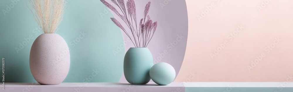 Poster elegant display of pastel vases with dried flowers on a smooth surface in a serene interior setting