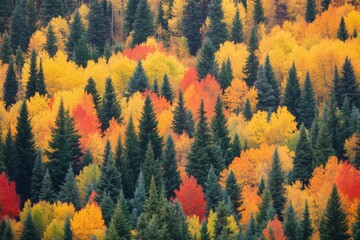 Vibrant Autumn Forest with Colorful Leaves and Evergreen Trees
