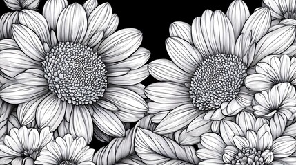 Detailed Line Drawing of Blooming Daisies and Flowers