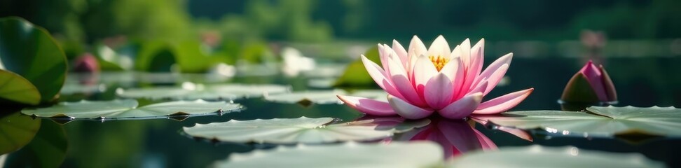Water lilies blooming on a serene lake surface, reflection, nature