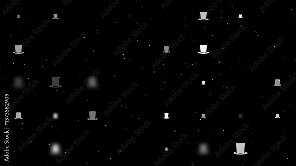 Poster template animation of evenly spaced top hat symbols of different sizes and opacity. animation of tra