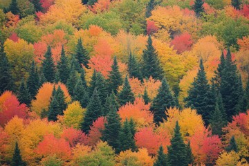 Vibrant Autumn Foliage with Pine Trees and Colorful Leaves