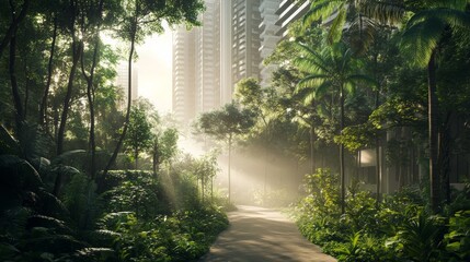 A serene morning scene of a dense Miyawaki forest within a residential project, where closely packed trees and plants form a natural oasis