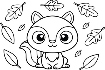 Outline Cartoon Squirrel with Leaves on a Transparent Background