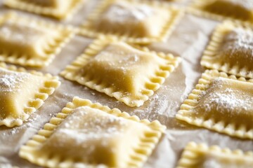 Fresh Ravioli on Paper Surface with Flour Dusting for Preparation