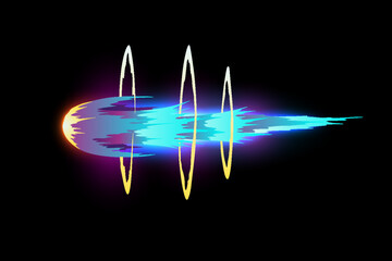 Speed effect cartoon vfx. Comic line blaster shot. Energy fire flame light. Neon color, asteroid flying rock. Flash lightning motion. Fantasy vector element © designer_things