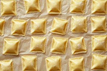 Fresh Handmade Ravioli Dough on Brown Craft Paper Background