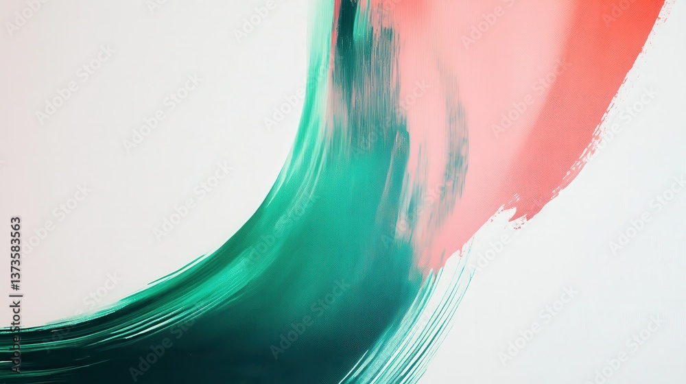 Poster bold green and coral brush strokes create a striking contrast on a minimalist white canvas for moder