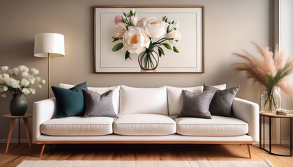 Naklejka premium A cozy living room featuring a stylish white sofa with decorative pillows, a floral artwork, and modern decor elements.