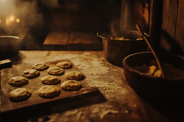 Homemade Cookies on Wooden Table with Floury Surface and Pots