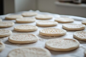 Freshly Prepared Dough Circles Ready for Baking on White Surface