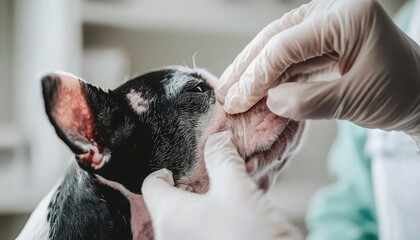 Vet administering topical treatment to dog with scaly infection veterinary clinic medical procedure clean environment close-up viewpoint