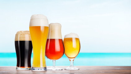 An assortment of beer glasses filled with different types of beer