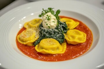 Delicious ravioli with spinach and tomato sauce on a white plate