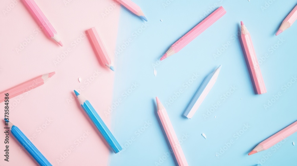Poster minimalist composition of pencil strokes showcases pastel colors on a split background for a modern 