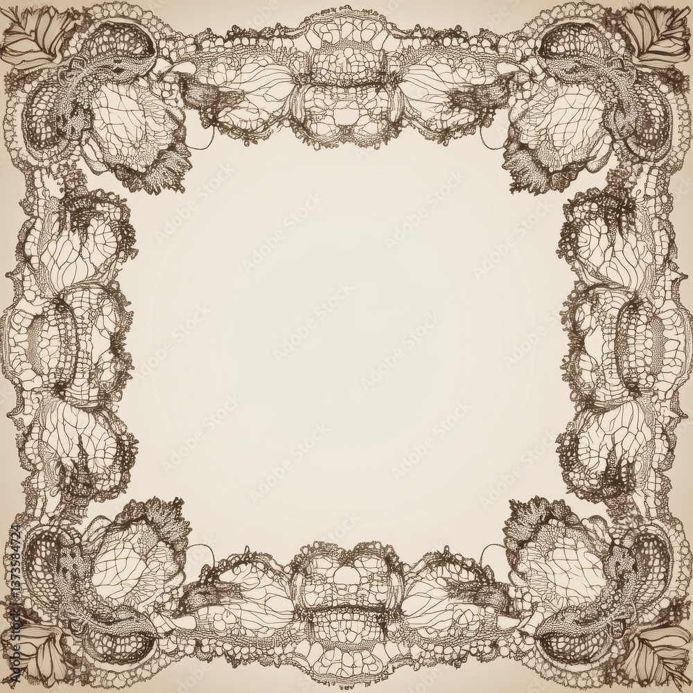 Poster vintage lace border illustration with intricate floral and geometric patterns in a delicate frame