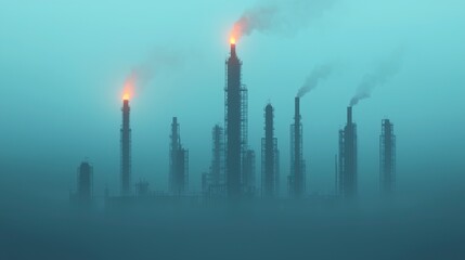 Obraz premium Foggy Petrochemical Plant Silhouette Industrial Landscape Refinery Towers Smoke Stacks