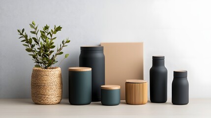 Flat lay of various storage containers cardboard boxes woven wicker baskets and metallic canisters with diverse geometric forms empty vessels elegantly arranged on a light oak table