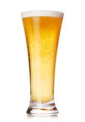 A glass of beer with a golden hue and frothy head, isolated on a clean white background