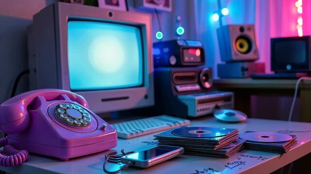 2000s tech nostalgia, retro desk setup with old computer and CDs