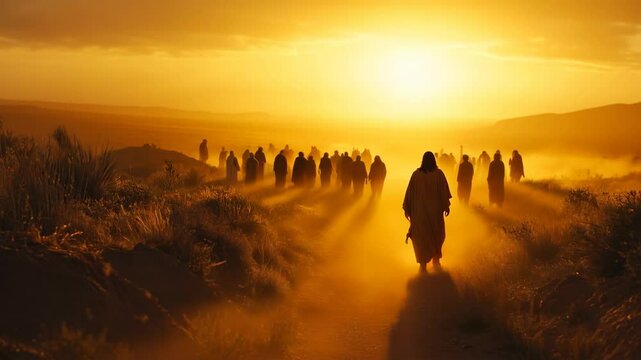 Jesus christ walking with pilgrims on a dusty path at sunset, embracing divine companionship
