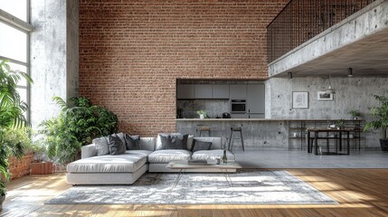 Industrial-Style Loft Living Room 3D Rendered Visualization