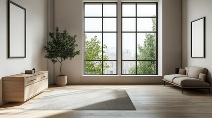 Fototapeta premium Bright Contemporary Exhibition Room Interior Featuring Drawers, Panoramic Windows and Mockup Frame