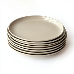 a set of neatly stacked beige ceramic plates