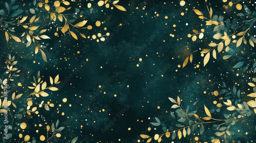 Poster bright golden sparkles blend into a dark setting, creating a mystical atmosphere with floral designs