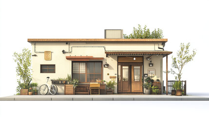 Fototapeta premium Charming small house with plants and bicycle on white background