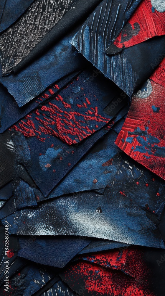 Poster Exploration of bold textured abstract patterns in navy with accents of red creating a striking visual composition