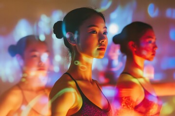 Multiple dancers in colorful light display performing in a studio at night