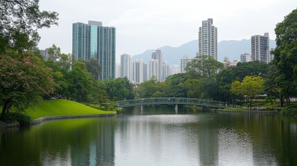 Fototapeta premium Viewing from the circle lake in the central river axis of the city, looking down on an eco-friendly city stream and a bridge above