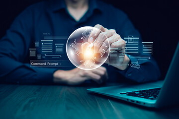 Programmer people working laptops or smartphones with AI, artificial intelligence software engineer coding on laptop computers with technology icons and binary code, big data, Ai bot digital machine