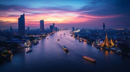 Fototapeta premium Sunset river cruise bangkok aerial view cityscape vibrant colors relaxing atmosphere