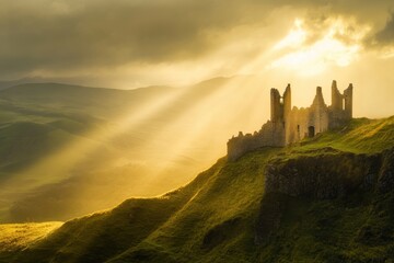 Obraz premium Sunlight illuminates ancient ruins atop a hill during a dramatic sunset