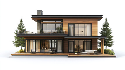 Modern loft style house with wooden facade and large windows