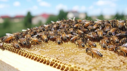 Busy Honey Bees on Honeycomb  Apiary Farm  Nature