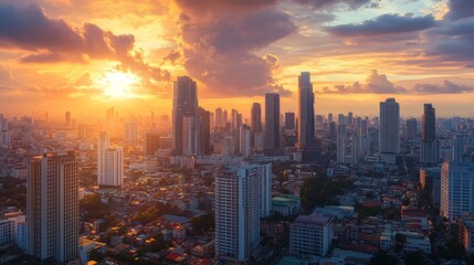 Fototapeta premium Stunning sunset over skyscrapers city skyline aerial view urban landscape vibrant atmosphere