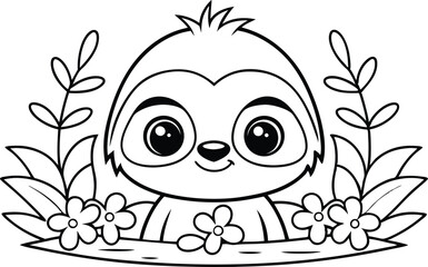 Outlined Cartoon Sloth with Flowers and Leaves on Transparent Background Design